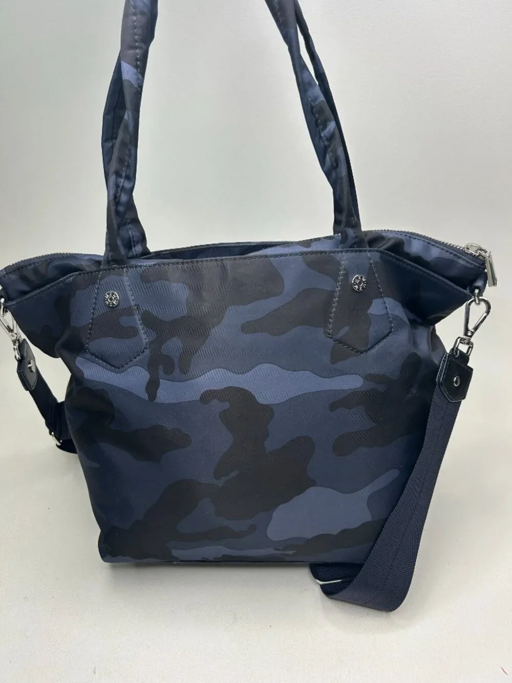 MZ WALLACE Medium Blue Camo Soho Crossbody Tote w/Pouch & Crossbody Strap